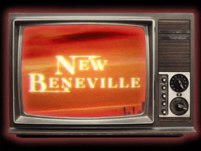 A television with the text in gold New Beneville on a red sunset. There is a building in the lower left of the projected image.